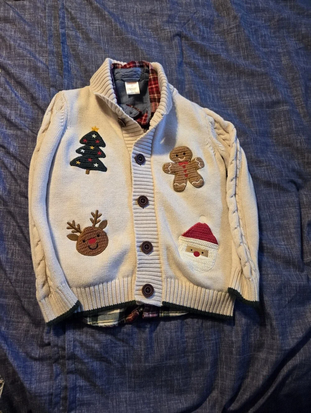 Gymboree Cream Holiday Cardigan with Festive Appliqués And Holiday Button Up